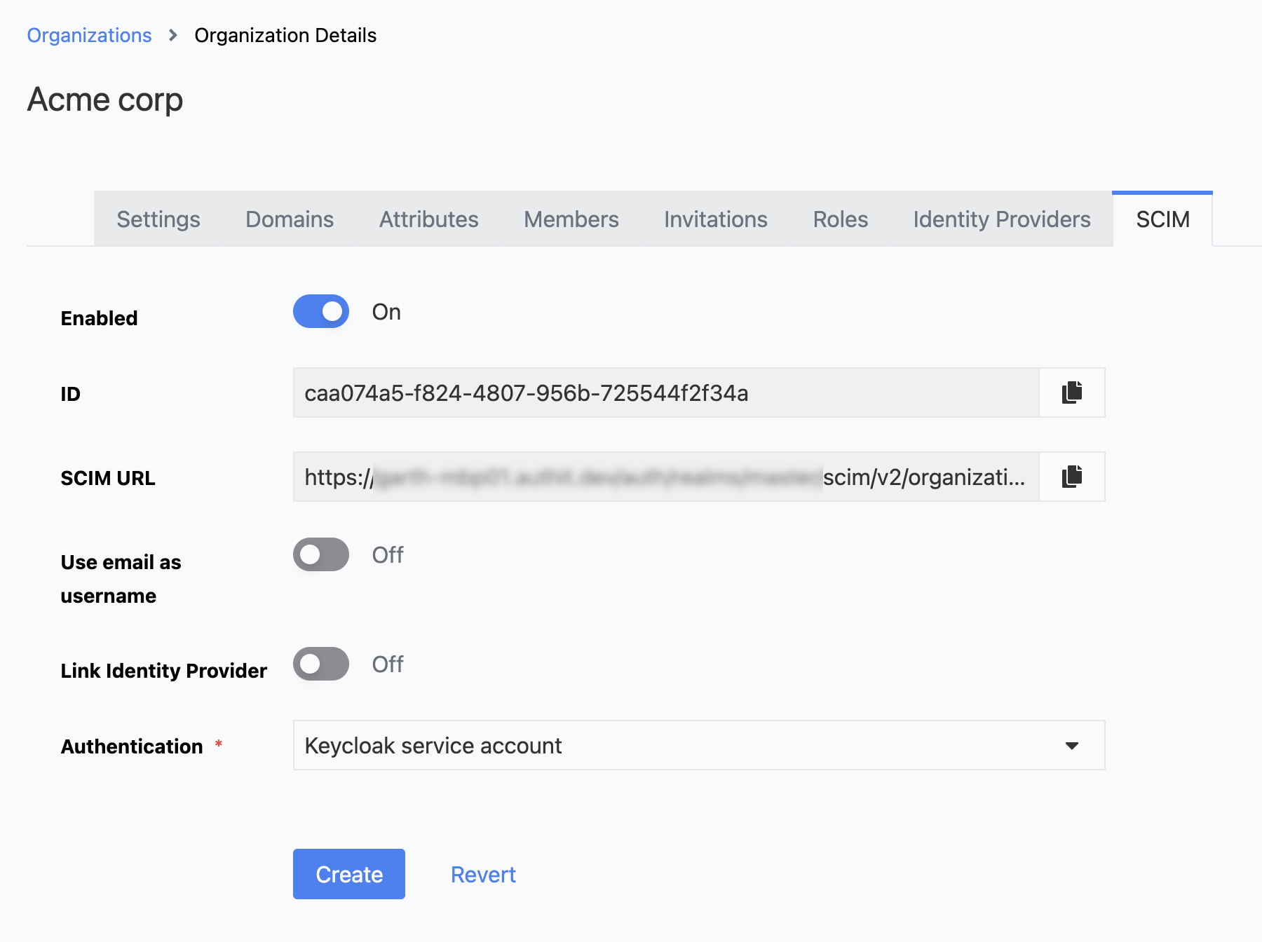 SCIM tab on the organization detail page