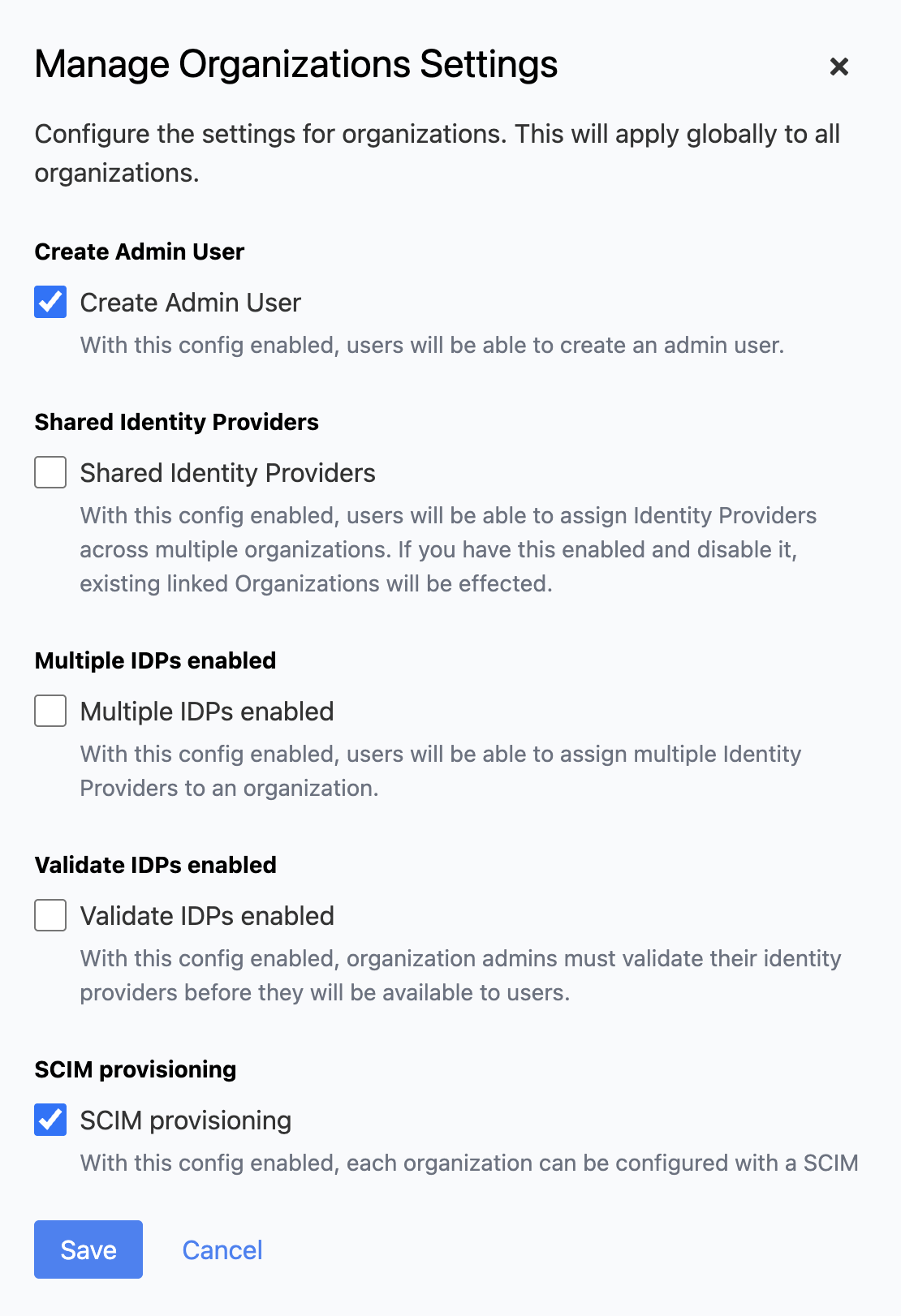Manage Settings dialog with the Enable SCIM toggle
