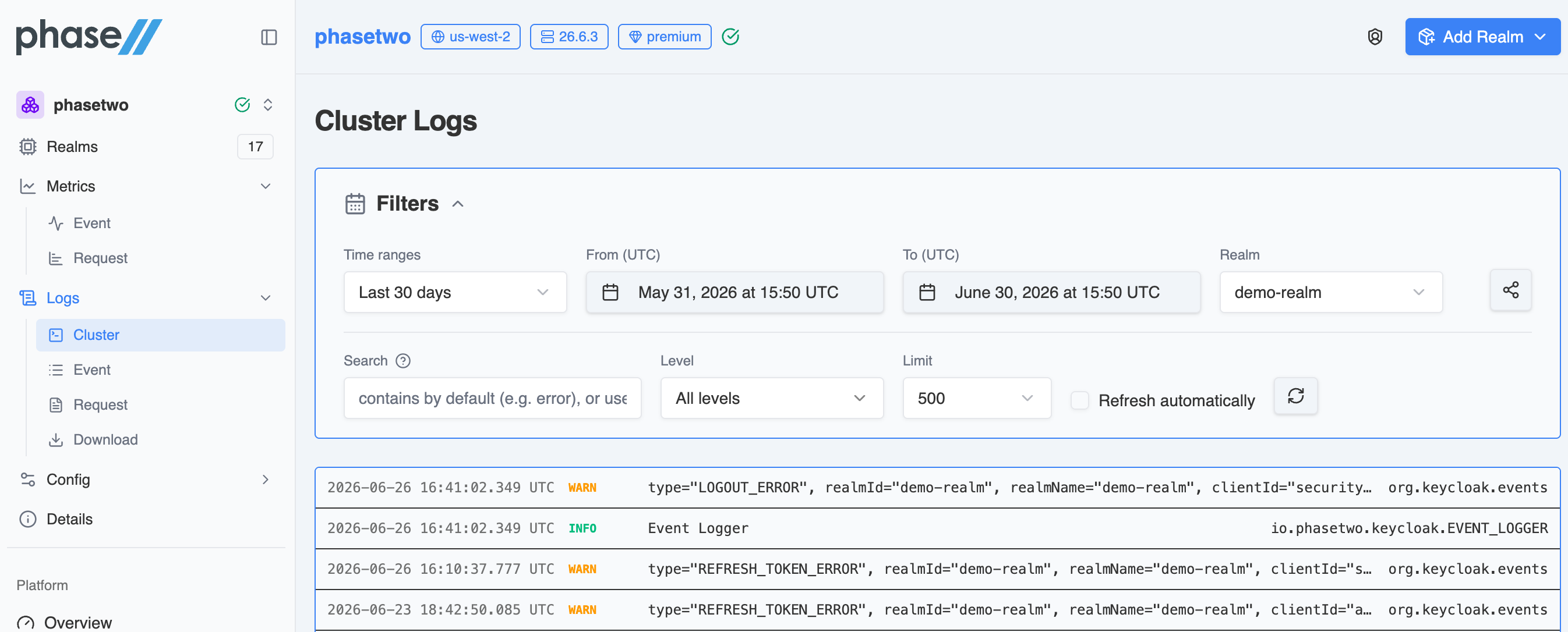 Phase Two Dash — live Cluster Logs streaming with filters for time range, realm, level, and search